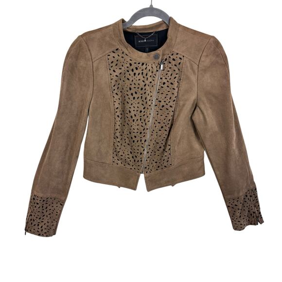 BCBG Max Azria Skyler Faux Suede Laser Cut Asymmetrical Full Zip Jacket Size M - Picture 1 of 8